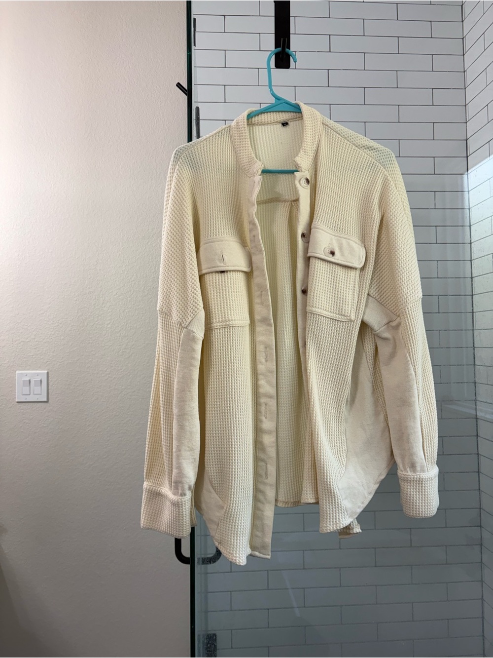 Textured Waffle Knit Button-Up Shirt Jacket in Cream